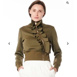 GRACIA Womens L Jacket Green High Neck Scuba Asymetrical Ruffled Moto Zip J25202